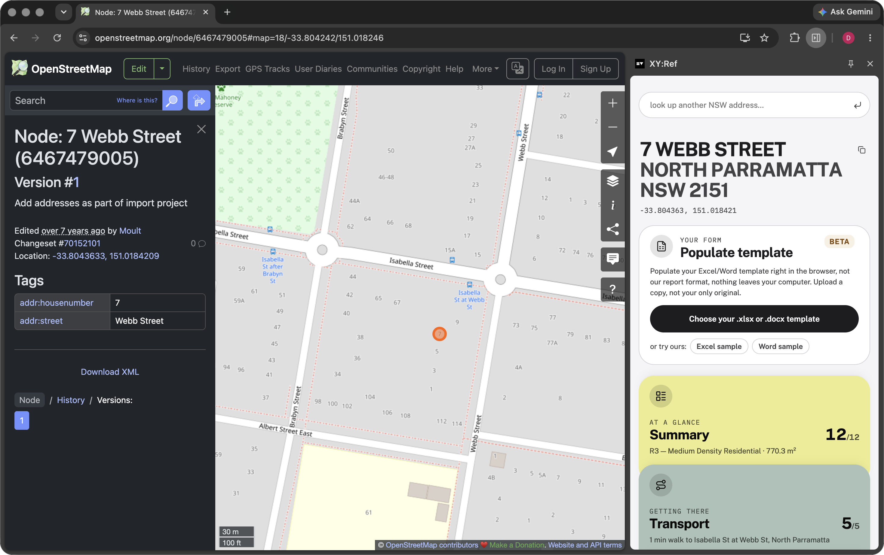 The panel open as a Chrome side panel beside a map of 7 Webb Street