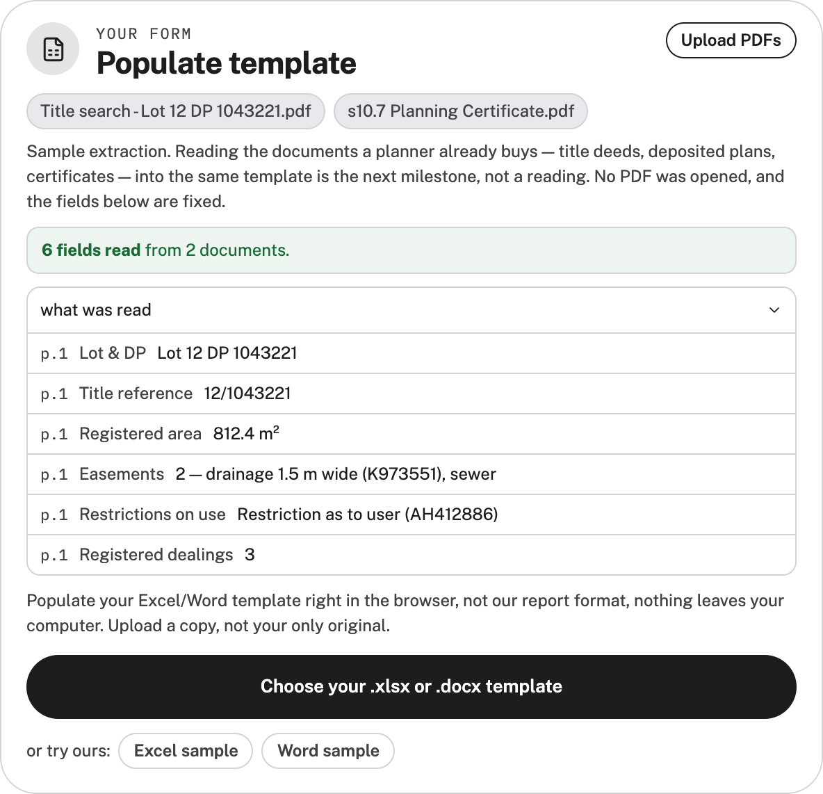 Populate template card with two PDFs uploaded and six fields read from them
